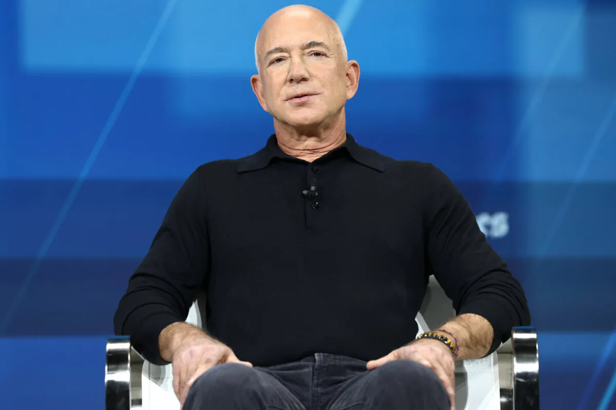 Jeff Bezos, founder and executive chairman of Amazon and owner of the Washington Post, speaks during the New York Times annual DealBook summit at Jazz at Lincoln Center in New York City on Dec. 4, 2024. (Michael M. Santiago/Getty Images)