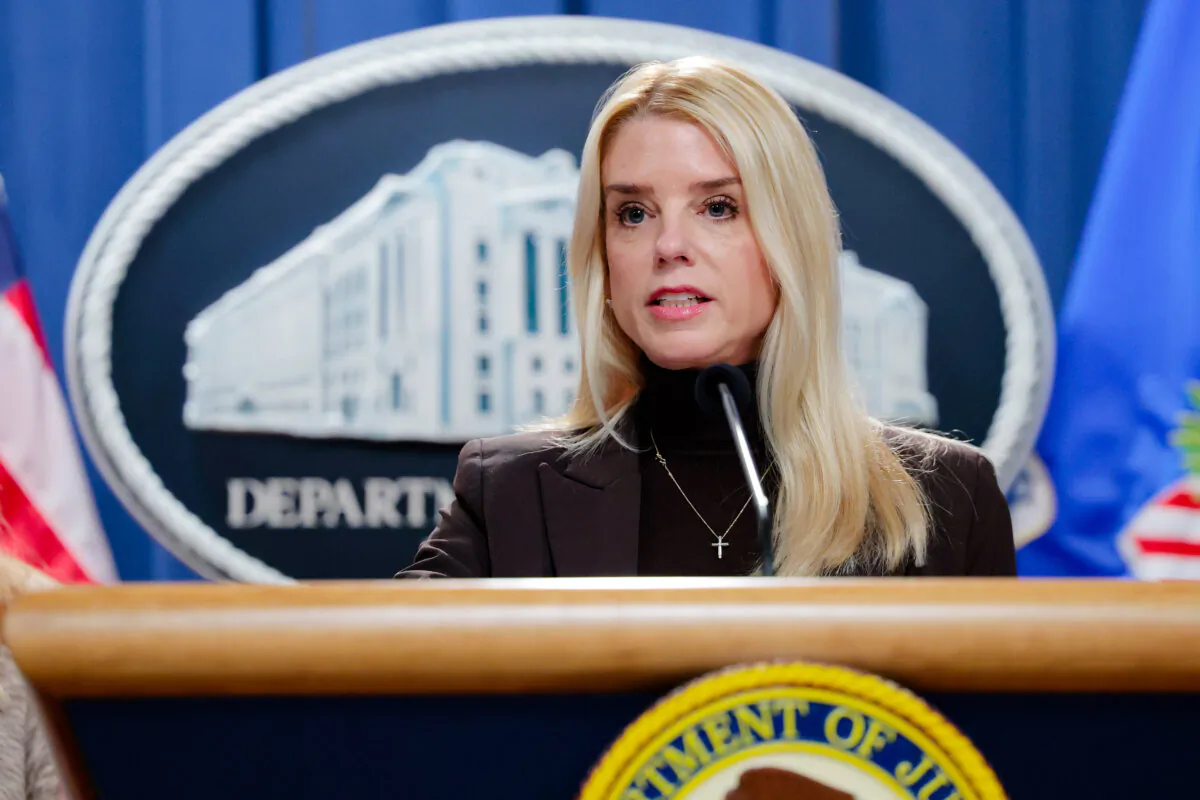 Attorney General Pam Bondi speaks during a news conference at the Department of Justice Building in Washington on Feb. 12, 2025. (Anna Moneymaker/Getty Images)