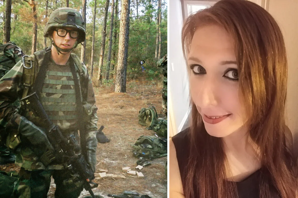 (Left) The military veteran now known as Jessica Watkins served in Afghanistan in 2002. (Right) Jessica Watkins, 42, an Ohioan who previously underwent transgender medical procedures, in a 2025 photo. (Courtesy of Jessica Watkins)