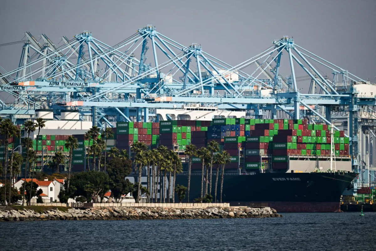 Cargo shipping containers sit on the Evergreen Ever Fame container ship docked at a container terminal at the Port of Los Angeles in Los Angeles, California on February 3, 2025. President Donald Trump delayed the start of tariffs on neighbors Mexico and Canada for a month February 3, 2025 -- but China remained in the firing line for levies that are putting the global economy on edge. (Photo by Patrick T. Fallon / AFP) (Photo by PATRICK T. FALLON/AFP via Getty Images)