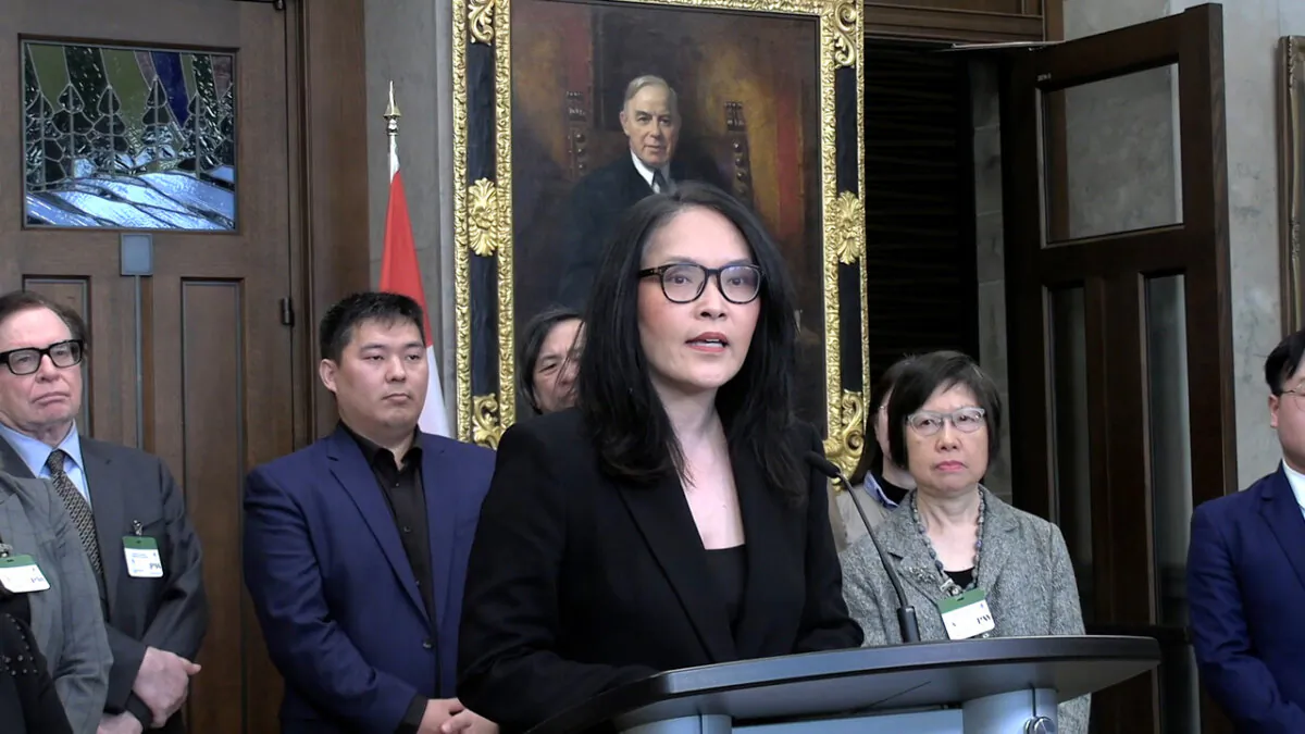 NDP MP Jenny Kwan joins rights groups on Parliament Hill in Ottawa on Feb. 27, 2025, to address gaps identified in the Foreign Interference Commission's final report. (NTD)