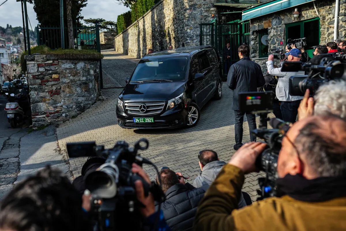 A van, which is believed to carry Russian diplomats, leaves the U.S. Consul General’s residence following a meeting with U.S. counterparts to discuss operation of embassies, in Istanbul, Turkey, on Feb. 27, 2025. (Francisco Seco/AP Photo)