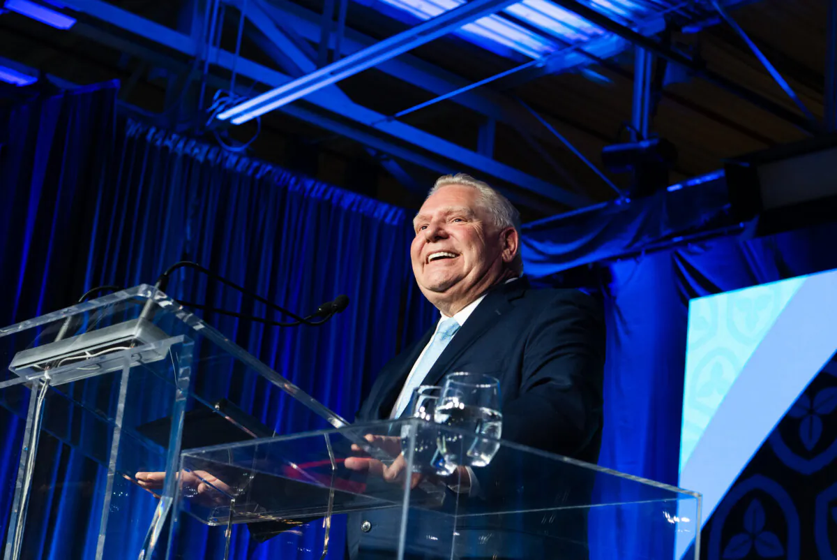 Newly re-elected Ontario Premier Doug Ford  speaks to supporters at his election night event in Toronto on Feb. 27, 2025. (The Canadian Press/Laura Proctor)