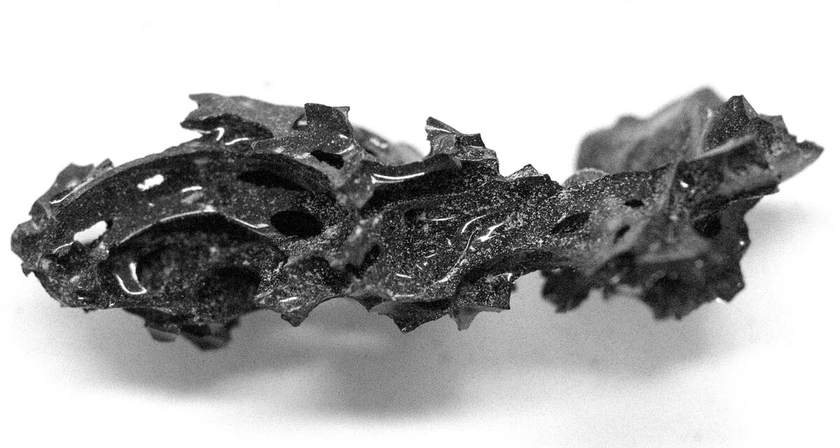 A fragment of the organic glass that was found inside the skull of the deceased individual, who was killed in the eruption of Mount Vesuvius in 79 AD, at the archaeological site of Herculaneum in Italy, is pictured in this image released on Feb. 27, 2025. (Pier Paolo Petrone/Handout via Reuters)