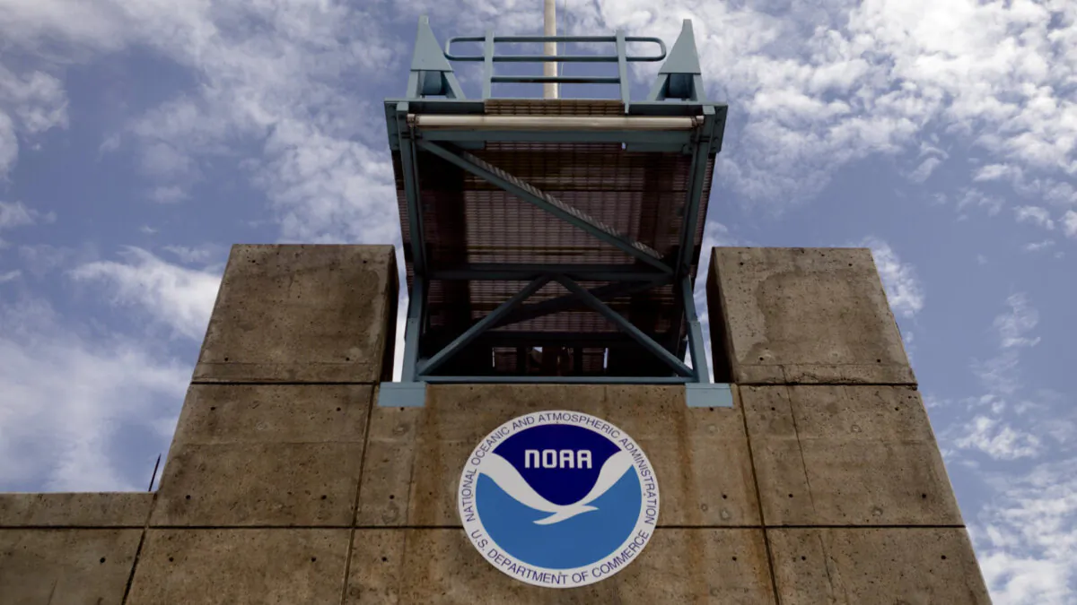 The logo of the National Oceanic and Atmospheric Administration (NOAA) at the National Hurricane Center in Miami, Fla., on Aug. 29, 2019. (Eva Marie Uzcategui/Getty Images)