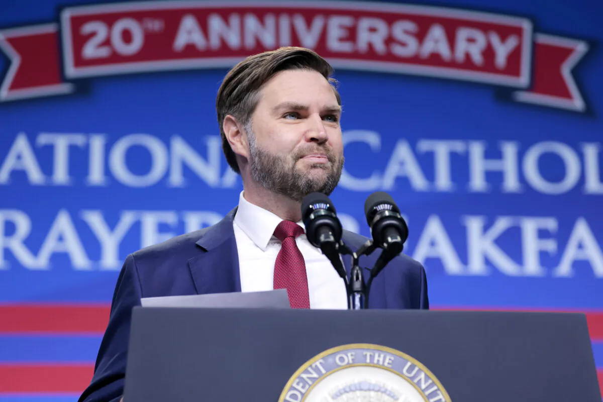 Vice President JD Vance speaks during the 20th annual National Catholic Prayer Breakfast at the Walter E. Washington Convention Center in Washington on Feb. 28, 2025. (Anna Moneymaker/Getty Images)