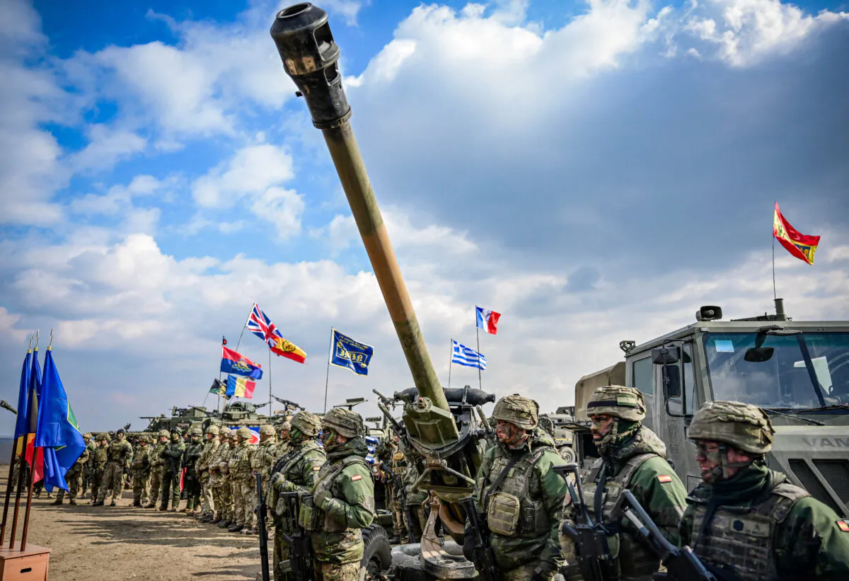 NATO military forces during static display after an exercise at the Smardan Training Area, in Smardan, Romania, on Feb. 19, 2025. (Daniel Mihailescu/AFP via Getty Images)
