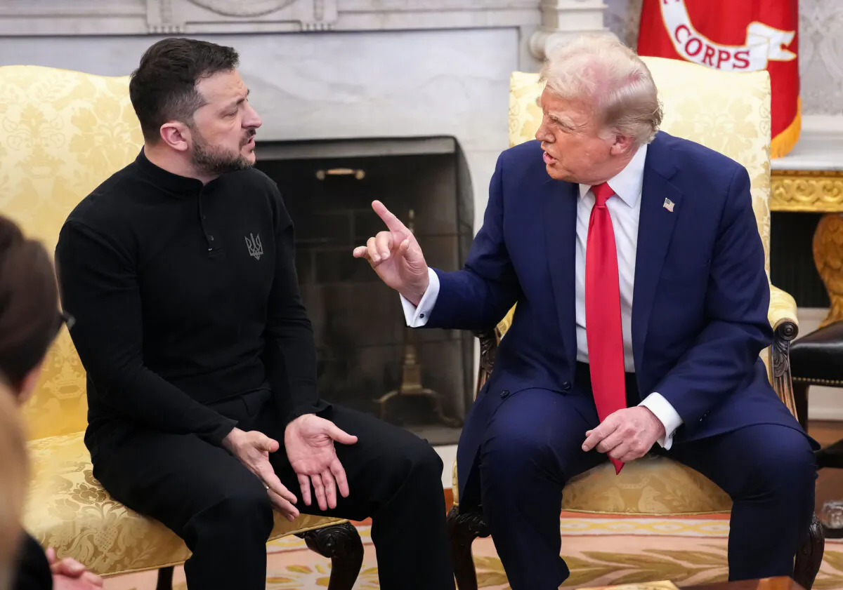 President Donald Trump and Ukrainian President Volodymyr Zelensky meet in the Oval Office at the White House in Washington, DC, on Feb. 28, 2025. Trump and Zelensky are meeting today to negotiate a preliminary agreement on sharing Ukraine’s mineral resources that Trump says will allow America to recoup aid provided to Kyiv while supporting Ukraine’s economy. (Andrew Harnik/Getty Images)
