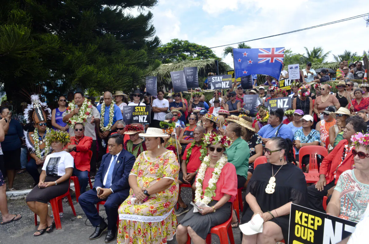 Hundreds of Cook Islanders participate in a peaceful protest spearheaded by the leader of the Cook Islands United Party, Teariki Heather, on Feb. 17, 2025, in the Cook Islands. (Courtesy of Melina Etches/Cook Islands News)