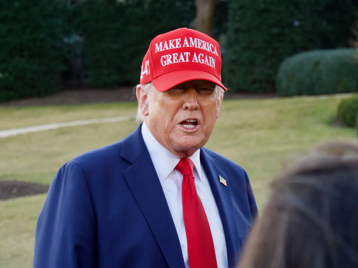 President Donald Trump speaks to reporters outside the Oval Office at the White House on Feb. 28, 2025. (Travis Gillmore/The Epoch Times)