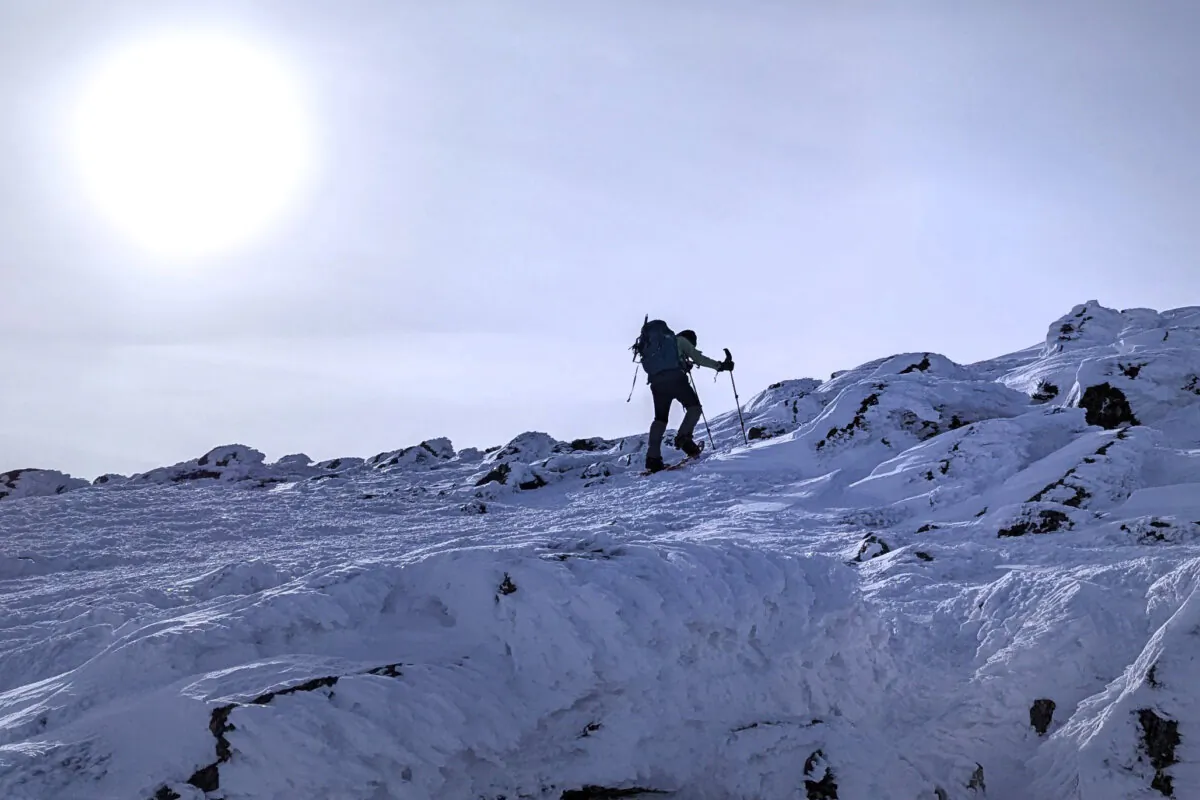 Hiker Beata LeLacheur climbs the Westside trail, just hours before needing to be rescued, on Mount Washington, N.H., on Feb. 2, 2025. (Kathyrn McKee photo via AP)
