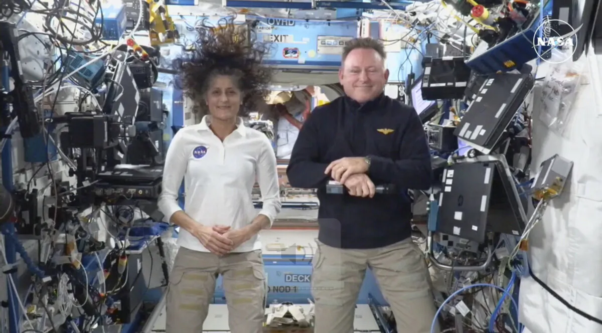NASA astronauts Suni Williams (L) and Butch Wilmore during a press conference from the International Space Station on Sept. 13, 2024. (NASA via AP)