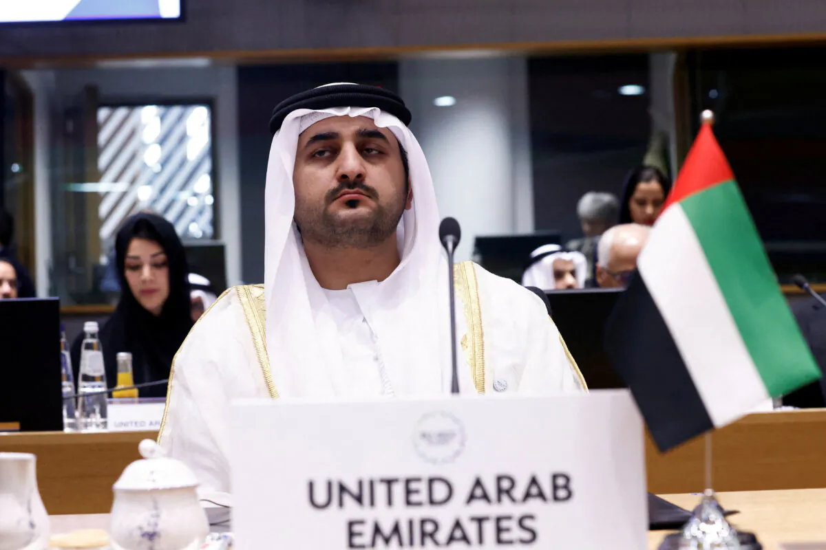 Deputy Prime Minister of United Arab Emirates Sheikh Maktoum bin Mohammed bin Rashid Al Maktoum attends a roundtable meeting during the joint European Union and the Gulf Cooperation Council (GCC) summit, in Brussels on Oct. 16, 2024. (Johanna Geron/Reuters)