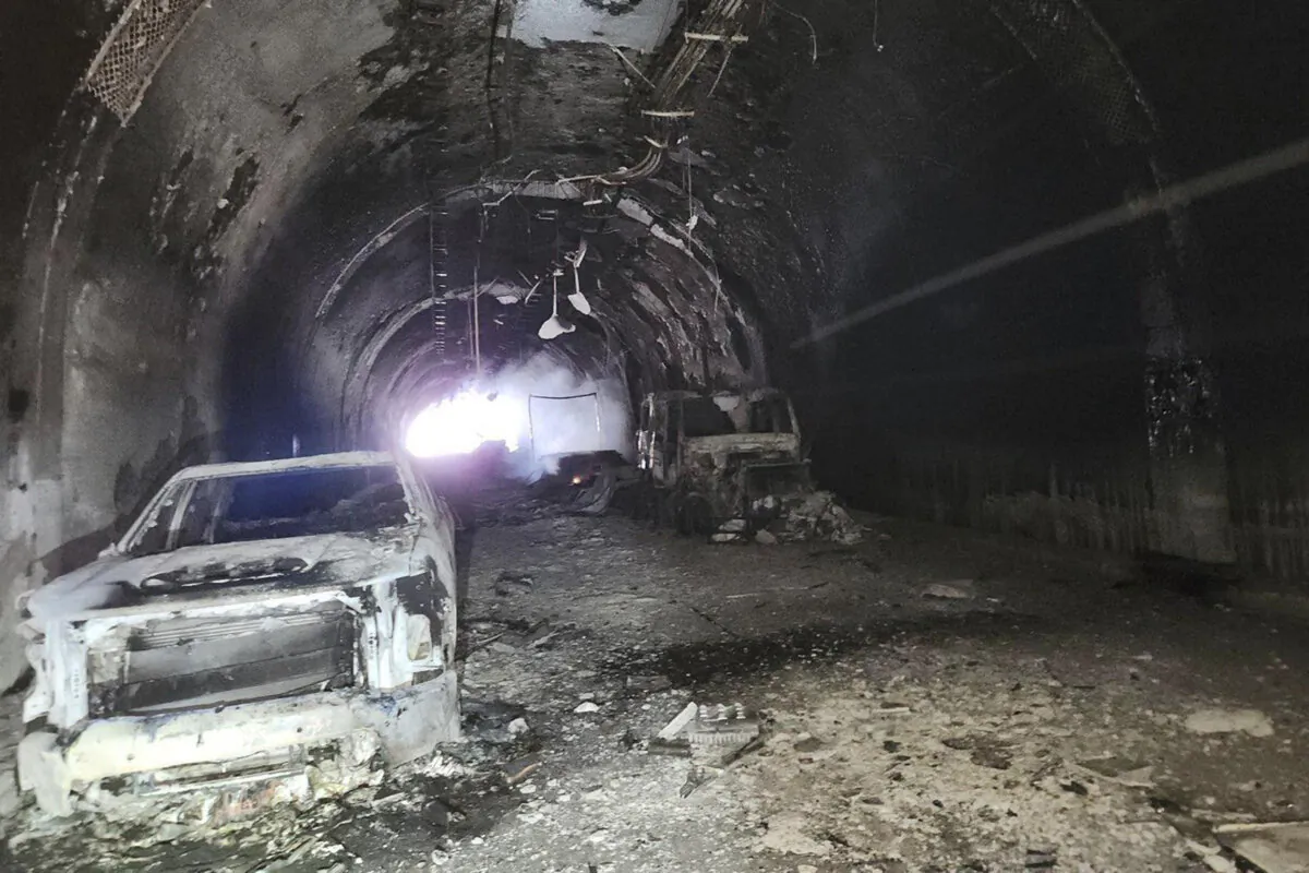Charred vehicles are seen after a Friday accident and fire in the Green River Tunnel along Interstate 80, in Green River, Wyo., on Feb. 15, 2025. (Wyoming Highway Patrol via AP)