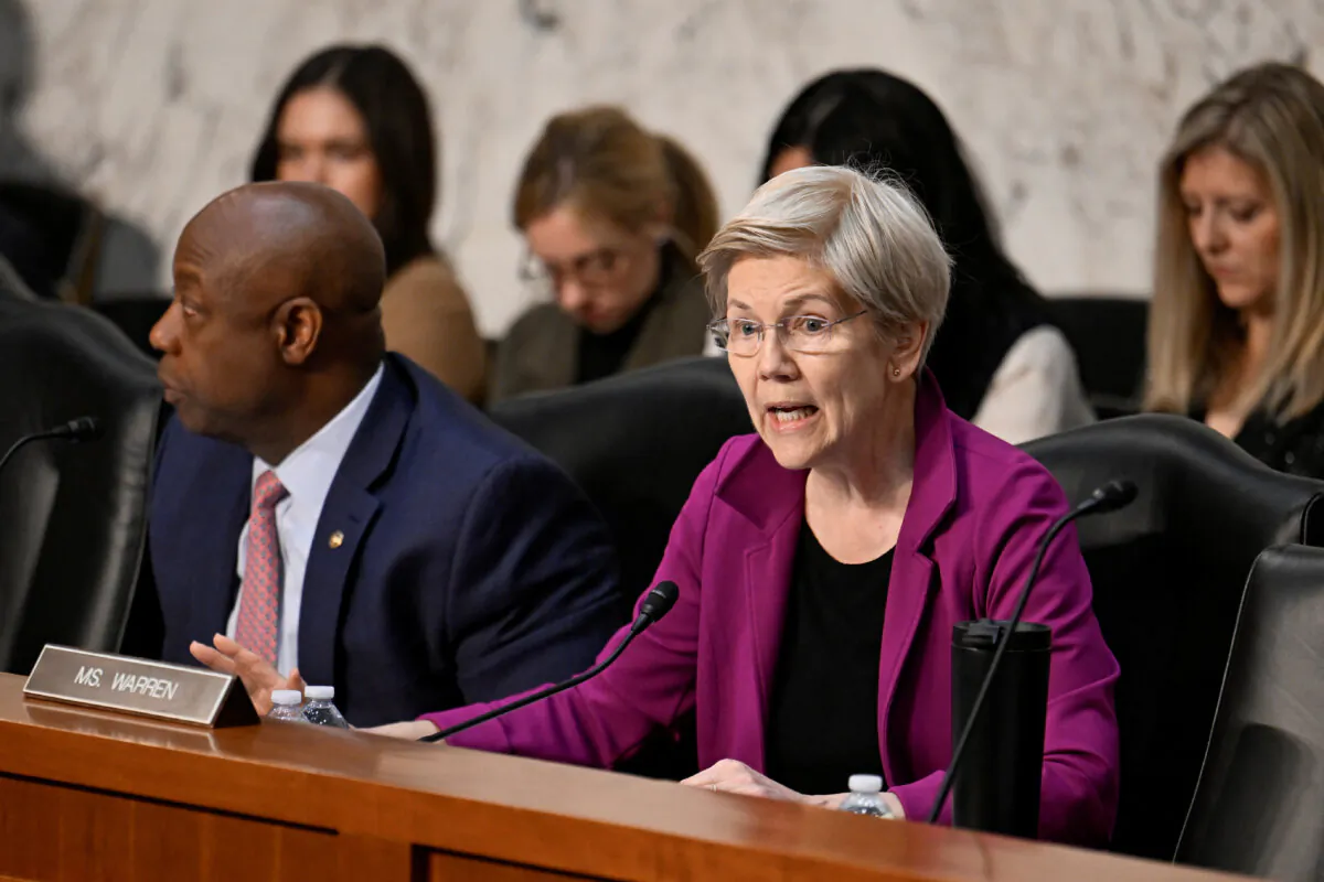 Sen. Elizabeth Warren (D-Mass.) speaks during a hearing on Capitol Hill in Washington on Feb. 11, 2025. (Craig Hudson/Reuters/File Photo)