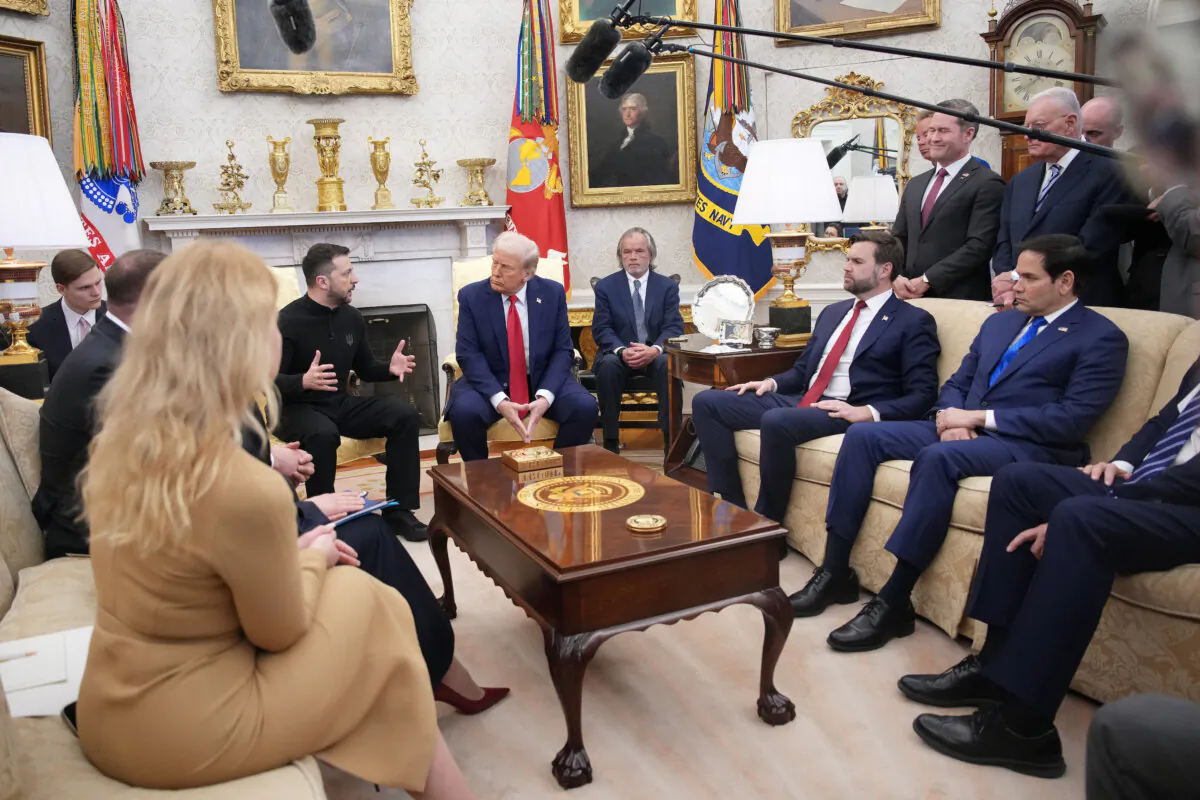 U.S. President Donald Trump and Ukrainian President Volodymyr Zelenskyy meet in the Oval Office, watched by Vice President JD Vance and Secretary of State Marco Rubio, in the White House on Feb. 28, 2025. (Andrew Harnik/Getty Images)