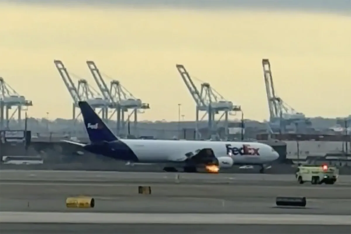 A FedEx cargo plane makes an emergency landing at Newark Liberty International Airport in Newark, N.J., on March 1, 2025. (Kenneth Hoffman via AP)
