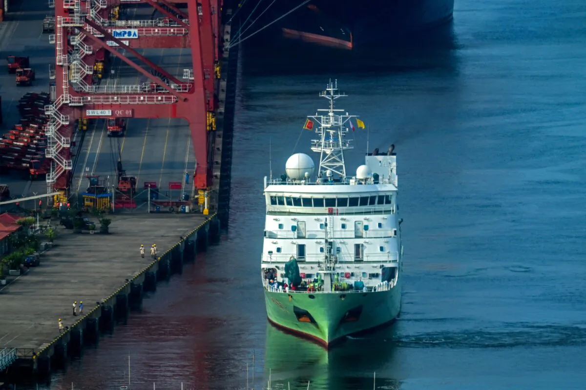 A Chinese research ship proceeds to deck at a port in Colombo, Sri Lanka, on Oct. 25, 2023. (Ishara S. Kodikara/AFP via Getty Images)