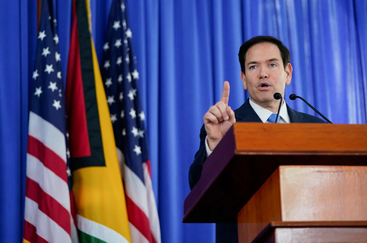 Secretary of State Marco Rubio speaks during a press conference with Guyanese President Irfaan Ali (not pictured), in Georgetown, Guyana, on March 27, 2025. (Nathan Howard/AFP via Getty Images)