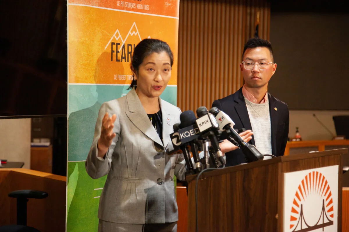 San Francisco Unified School District Superintendent Maria Su speaks at a news conference on Feb. 25, 2025. (Lear Zhou/The Epoch Times)