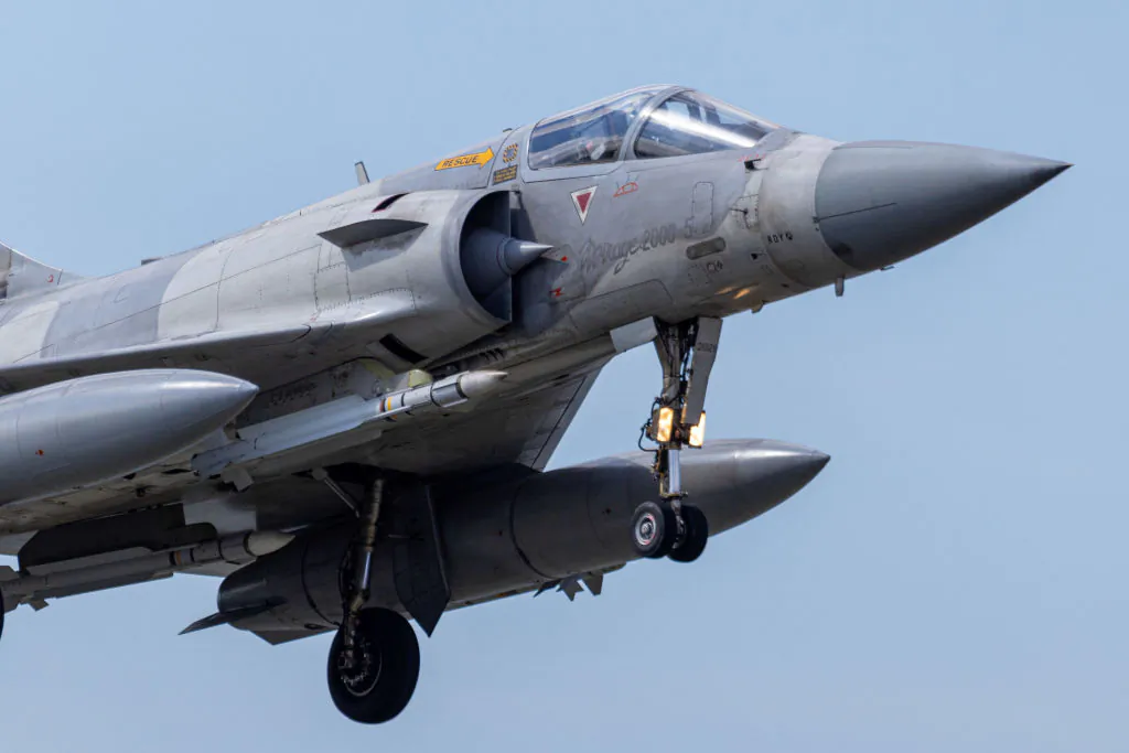 A Taiwanese Mirage 2000 fighter jet lands at Hualien Air Force Base in Hsinchu, Taiwan, on Dec. 10, 2024. (Annabelle Chih/Getty Images)