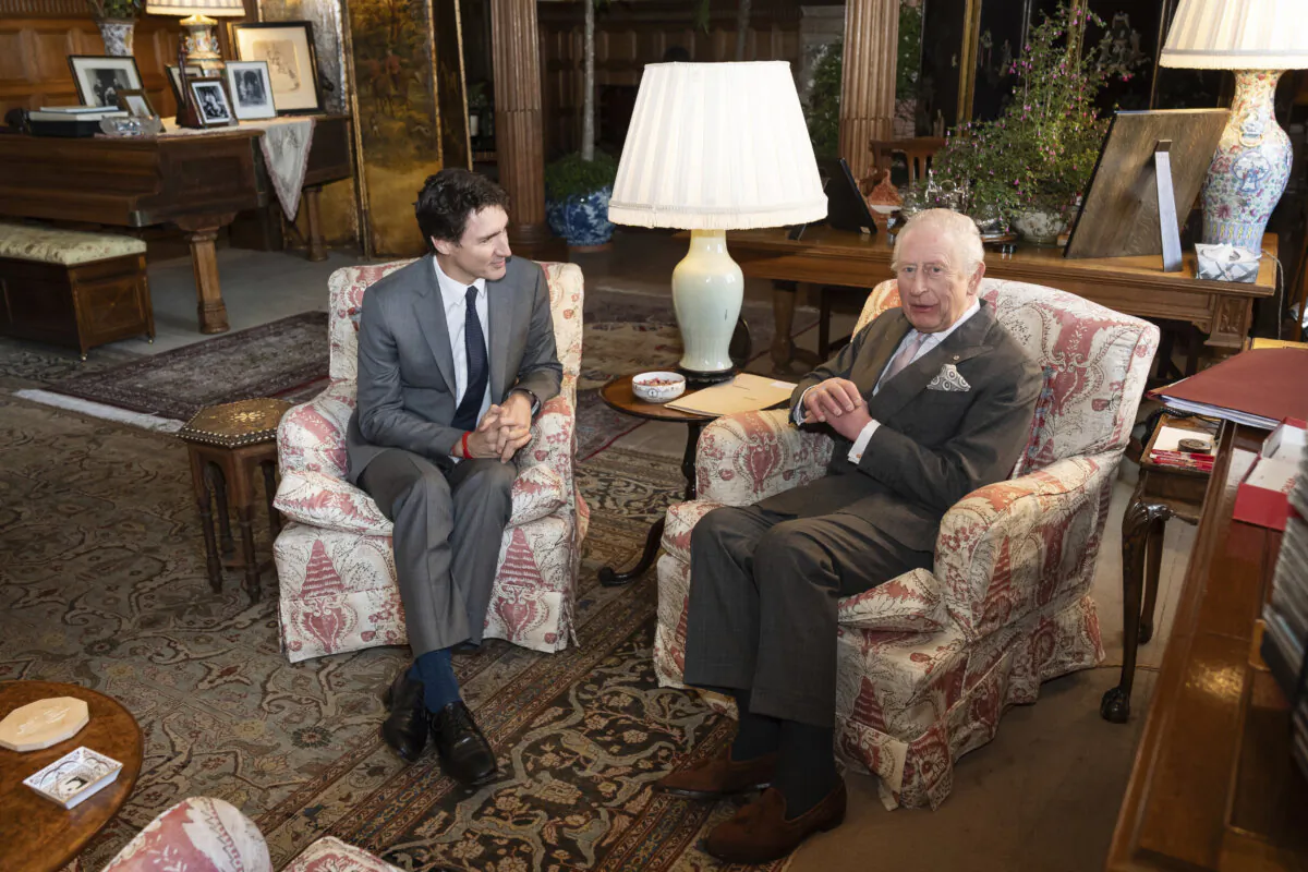 Britain's King Charles III, right, meets Canadian Prime Minister Justin Trudeau at the Sandringham Estate in Norfolk, England, on March 3, 2025. (Aaron Chown/PA via AP, Pool)