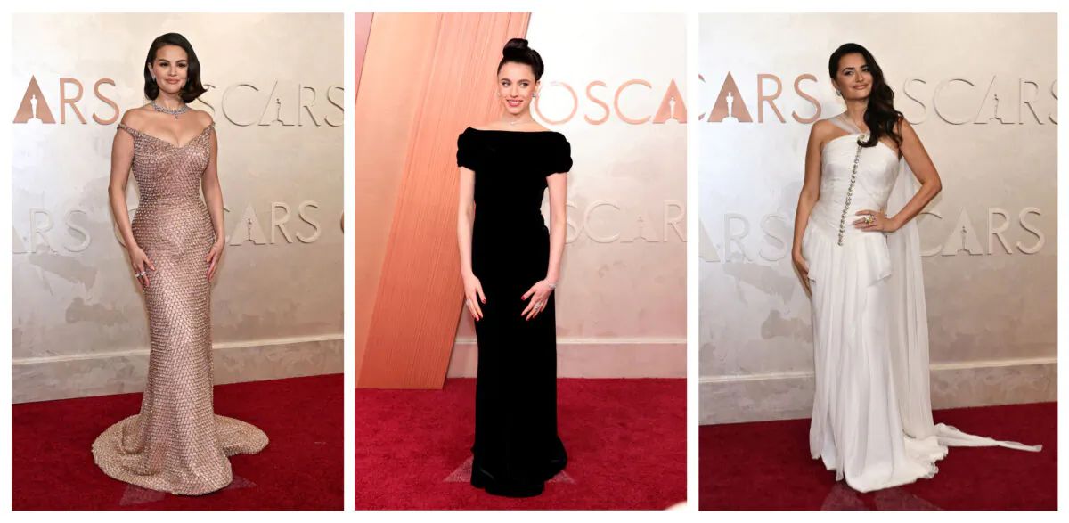(L-R) Selena Gomez, Margaret Qualley, and Penélope Cruz at the 97th Annual Academy Awards at the Dolby Theatre in Hollywood, Calif., on March 2, 2025. (ANGELA WEISS, Savion Washington/Getty Images)