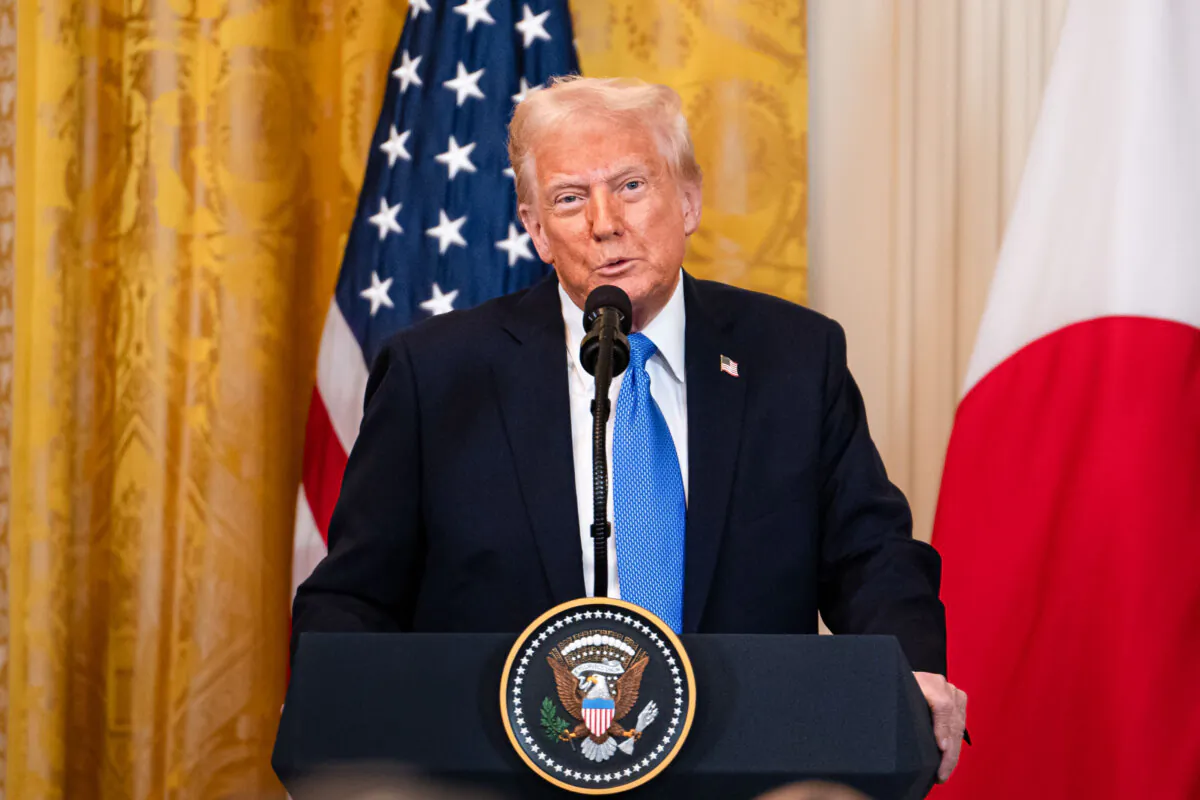 President Donald Trump speaks during a press conference at the East Room of the White House in Washington on Feb. 7, 2025. (Madalina Vasiliu/The Epoch Times)