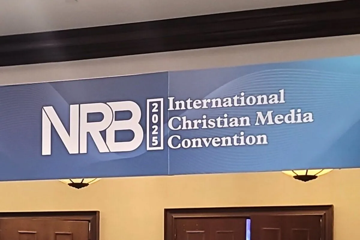 A sign for NRB International Christian Media Convention at Gaylord Texan Resort & Convention Center in Grapevine, Texas, on Feb. 24, 2025. (Oliver Trey/The Epoch Times)