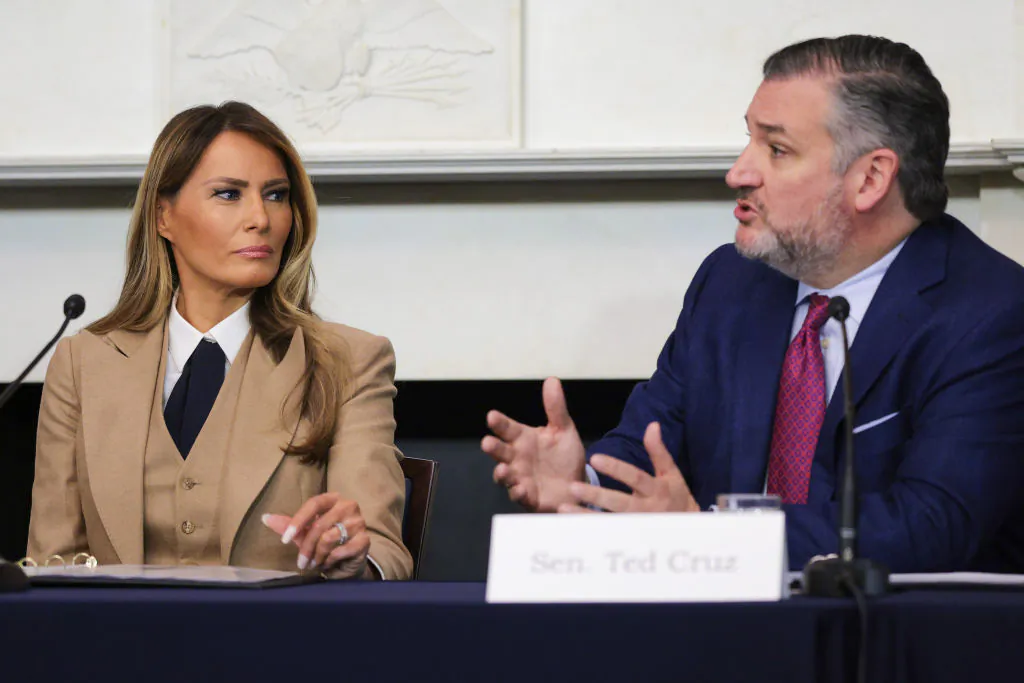 Sen. Ted Cruz (R-Texas) speaks alongside First Lady Melania Trump during a roundtable discussion on the Take It Down Act, in the Mike Mansfield Room at the U.S. Capitol on March 3, 2025. The Take It Down Act expands protections for victims of nonconsensual sharing of sexual images, covering AI-generated content including deepfake pornography. (Kayla Bartkowski/Getty Images)