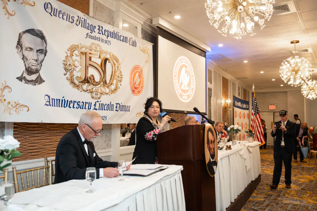 Epoch Times CEO Janice Trey speaks at the Queens Village Republican Club’s 150th Anniversary Lincoln Dinner in Queens Village, N.Y., on March 2, 2025. (Samira Bouaou/The Epoch Times)