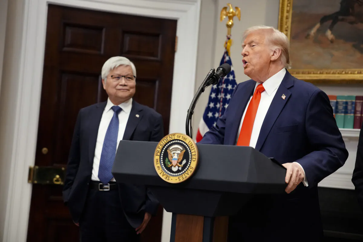 President Donald Trump (R) speaks alongside Taiwan Semiconductor Manufacturing Company (TSMC) CEO C.C. Wei in the Roosevelt Room of the White House on March 3, 2025. Trump announced that TSMC, one of the largest manufacturers of semiconductor chips, plans to invest $100 billion in new manufacturing facilities in the United States. (Andrew Harnik/Getty Images)