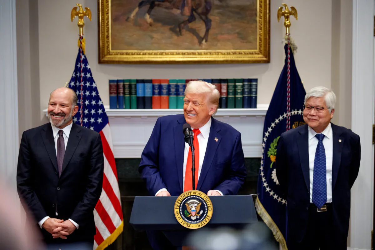 President Donald Trump, accompanied by Commerce Secretary Howard Lutnick (L) and Taiwan Semiconductor Manufacturing Company (TSMC) CEO C.C. Wei (R), speaks in the Roosevelt Room of the White House in Washington on March 3, 2025. (Andrew Harnik/Getty Images)