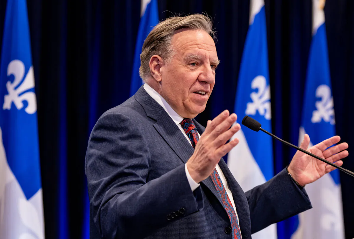 Quebec Premier François Legault makes an announcement in Contrecoeur, Que., on Feb. 17, 2025. (The Canadian Press/Christinne Muschi)