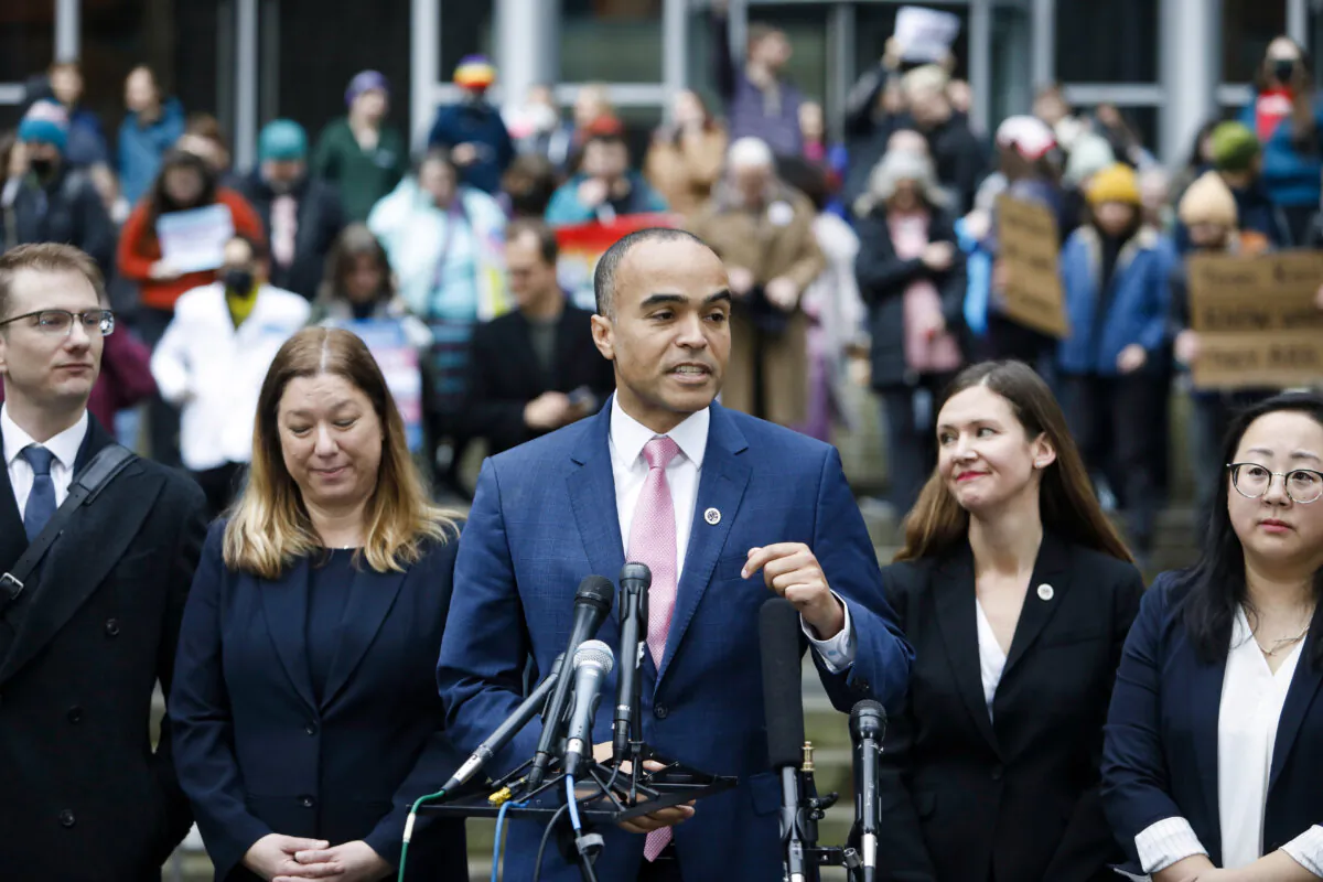 Washington Attorney General Nick Brown speaks during a news conference after a second federal judge paused President Donald Trump's order against gender-affirming care for youth outside the Seattle federal courthouse, on Feb. 14, 2025. (Manuel Valdes/AP Photo)