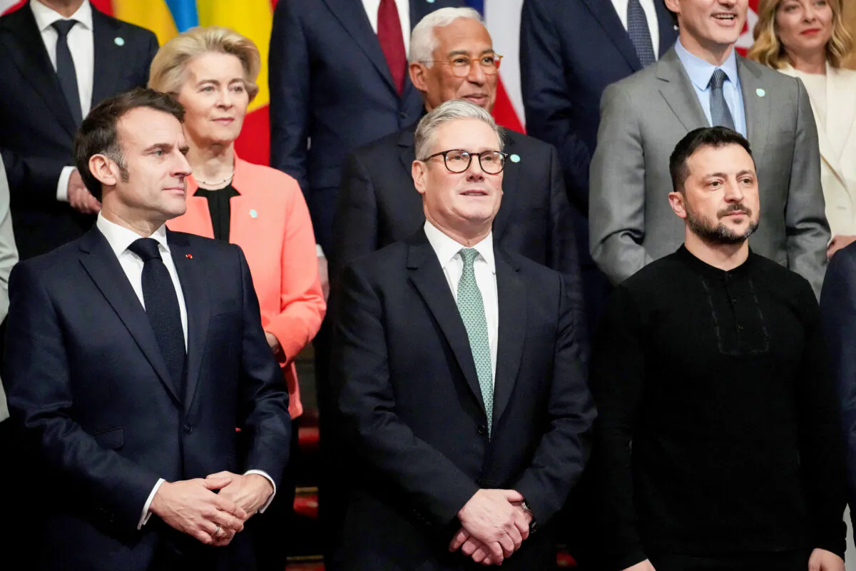 (L–R) France's President Emmanuel Macron, Britain's Prime Minister Keir Starmer, and Ukraine's President Volodymyr Zelenskyy at a summit held at Lancaster House in central London on Mar. 2, 2025. (Christophe Ena/Pool/AFP via Getty Images)