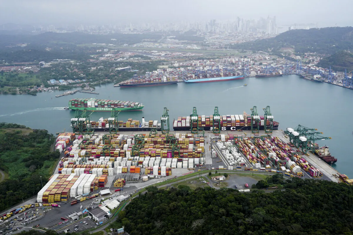 An aerial view shows containers at the Balboa Port, operated by Panama Ports Company, at the Panama Canal, in Panama City, Panama, on Feb. 1, 2025. (Enea Lebrun/Reuters)