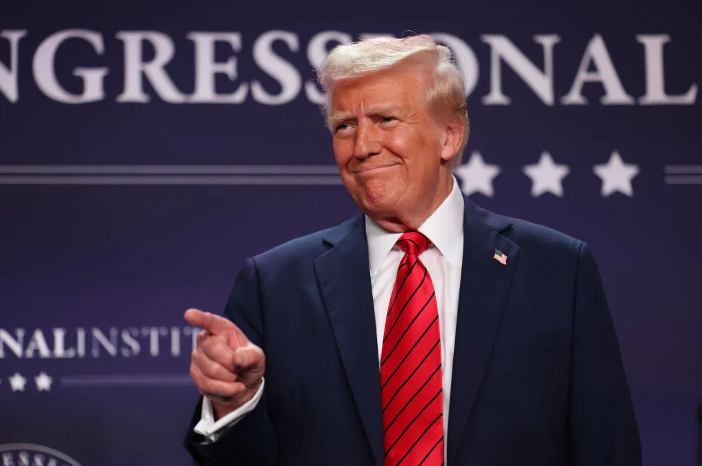 President Donald Trump acknowledges the crowd before addressing the 2025 Republican Issues Conference at the Trump National Doral Miami in Doral, Fla., on Jan. 27, 2025. (Joe Raedle/Getty Images)