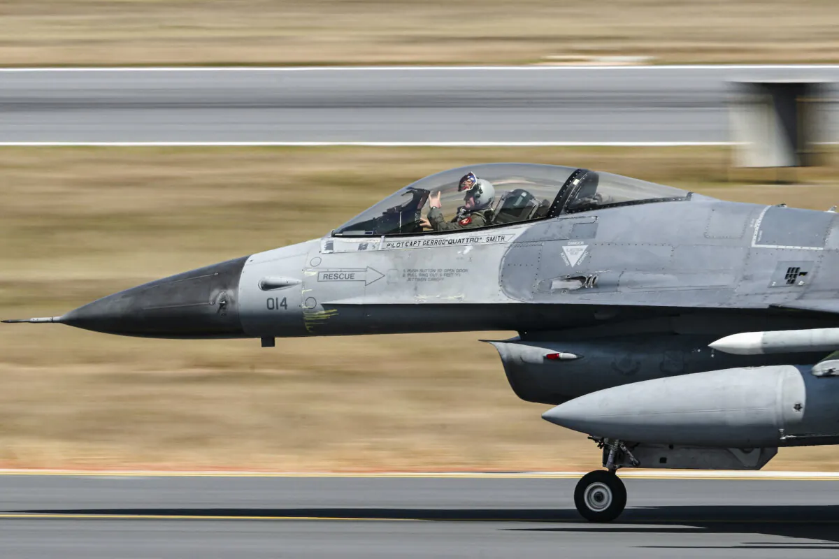 A U.S. Air Force F-16 fighter jet lands on the tarmac during a military aviation exhibition at the Yelahanka Air Force Station in Bengaluru, India, on Feb. 13, 2025. (Idrees Mohammed/AFP/Getty Images)