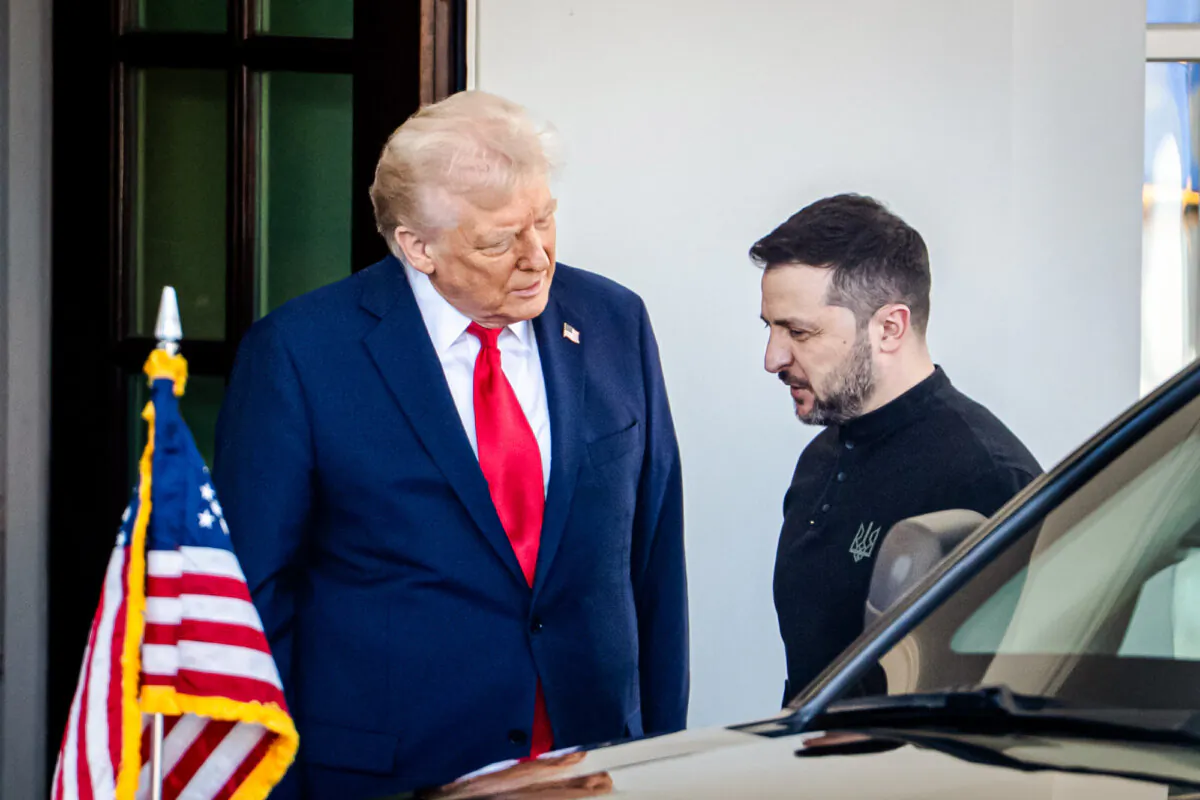 President Donald Trump greets Ukrainian President Volodymyr Zelenskyy at the White House in Washington on Feb. 28, 2025. (Madalina Vasiliu/The Epoch Times)