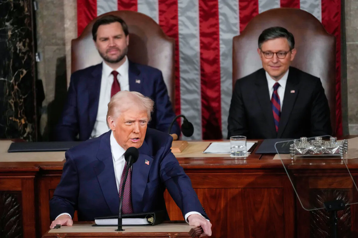 President Donald Trump talks about Greenland as he addresses a joint session of Congress in the House chamber at the U.S. Capitol in Washington on March 4, 2025, as Vice President JD Vance and House Speaker Mike Johnson of La., listen. (Julia Demaree Nikhinson/AP Photo)