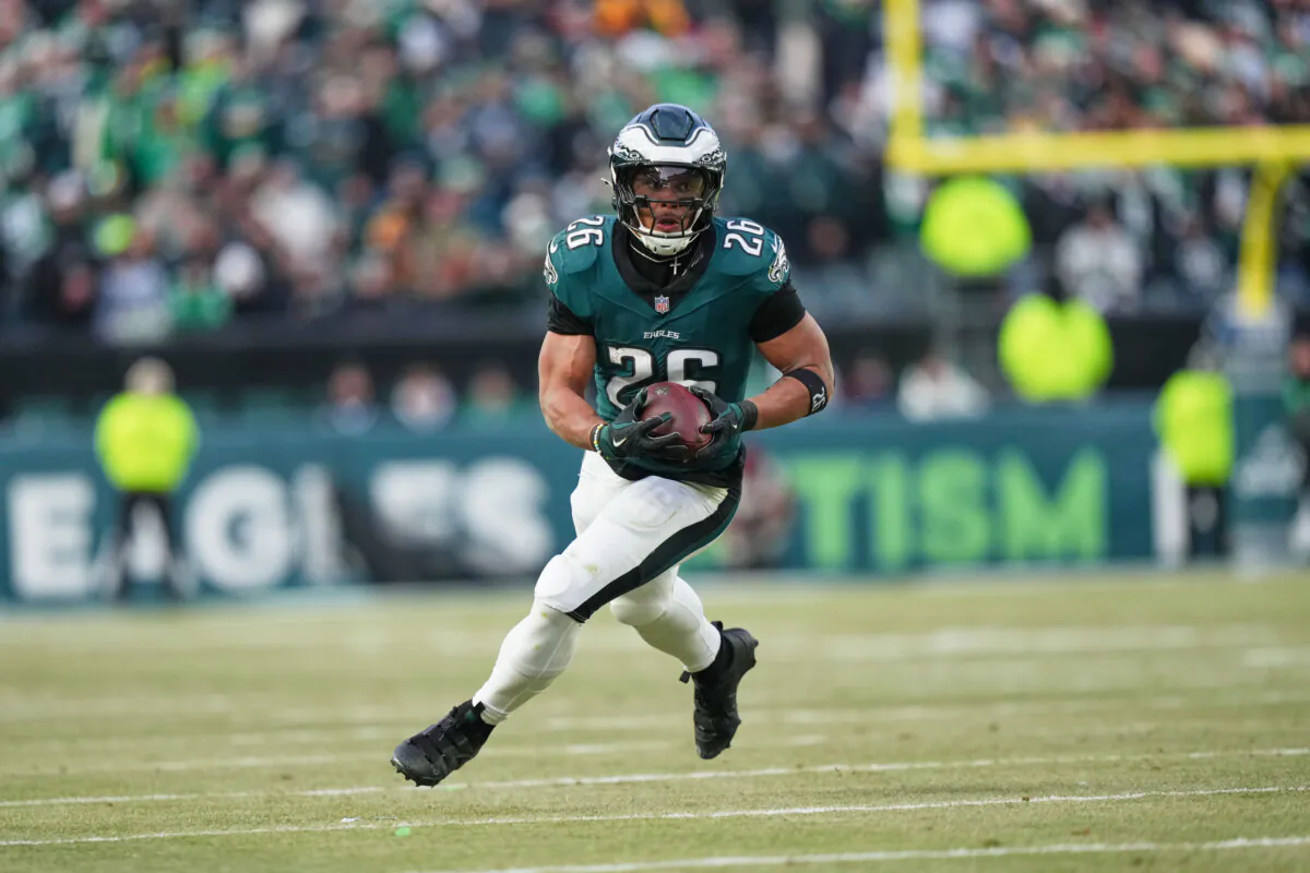 Philadelphia Eagles running back Saquon Barkley rushes against the Washington Commanders during the NFC Championship game on Jan. 26, 2025, in Philadelphia. (Matt Slocum/AP Photo)