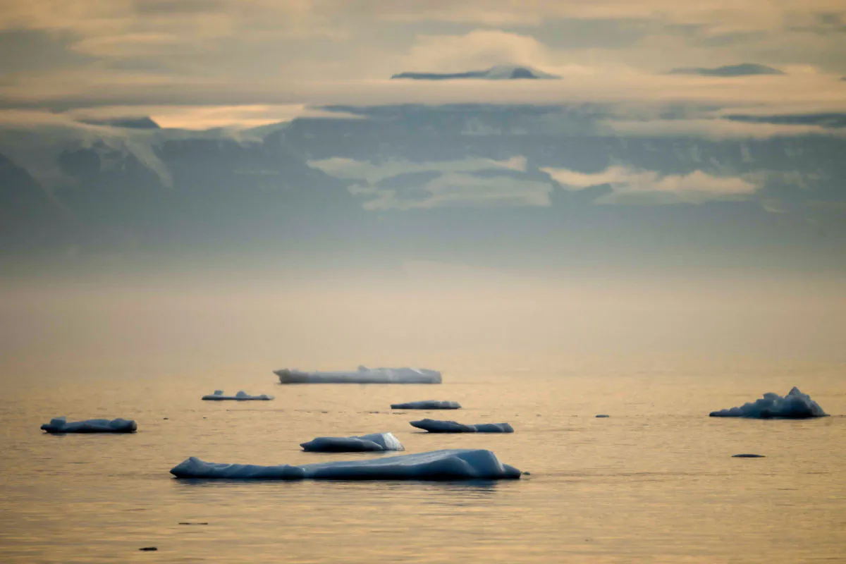 Icebergs and pieces of ice drifting at sunset along the Scoresby Sound Fjord in Eastern Greenland on Aug. 16, 2023. (Olivier Morin/AFP via Getty Images)