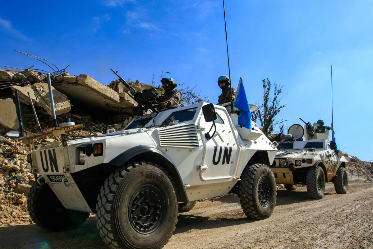 UNIFIL peacekeeping troops patrol the southern Lebanese village of Ramia near the country's border, on March 5, 2025. (Mahmoud Zayyat/ AFP via Getty Images)