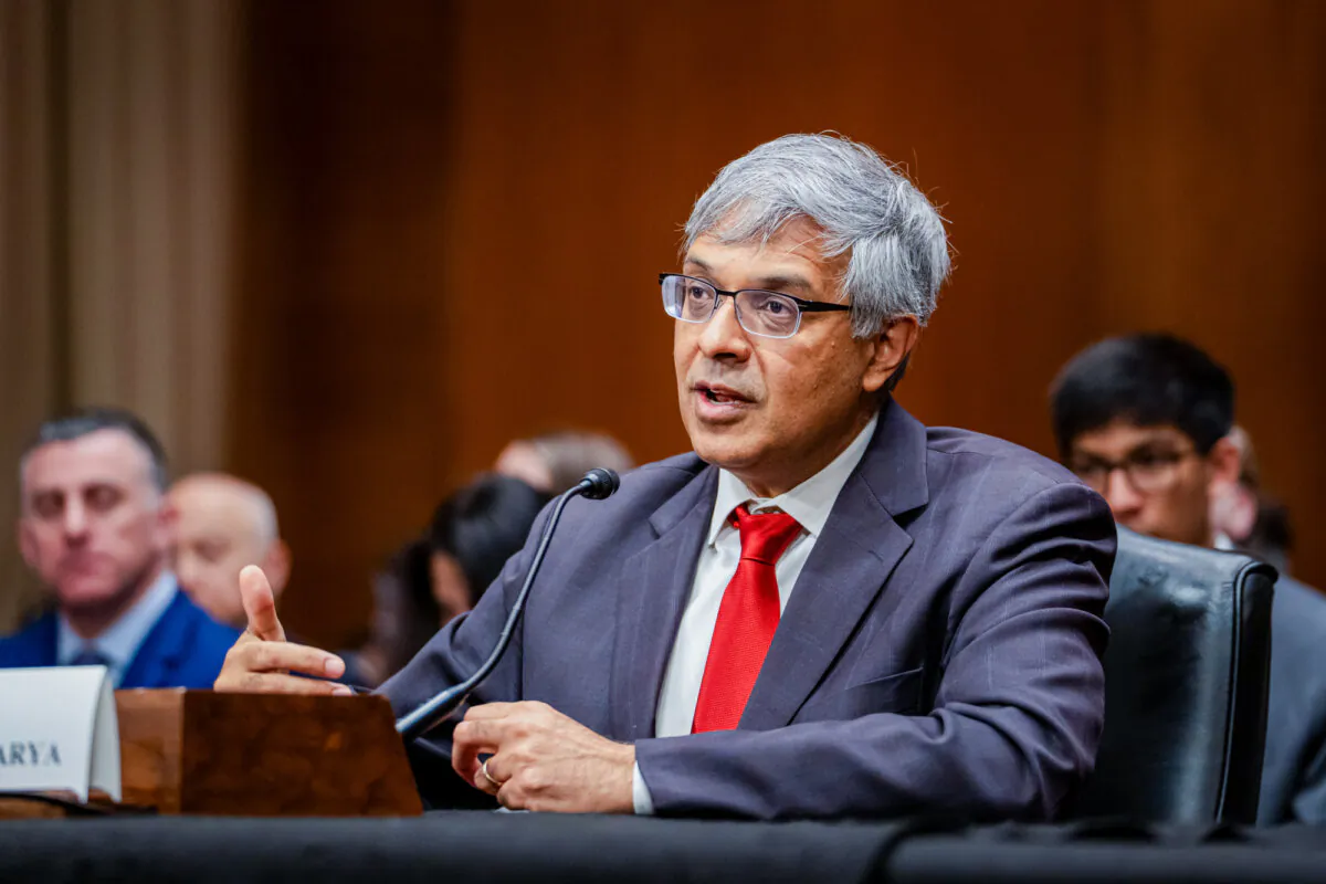 Jay Bhattacharya, nominee for director of National Institutes of Health, testifies during a confirmation hearing on Capitol Hill in Washington on March 5, 2025. (Madalina Vasiliu/The Epoch Times)