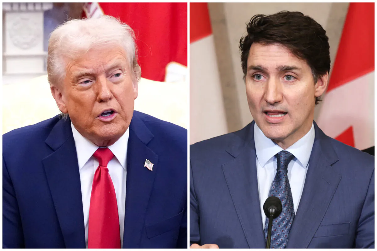 (Left) U.S. President Donald Trump in the Oval Office at the White House on Feb. 28, 2025. (Right) Canadian Prime Minister Justin Trudeau speaks during a news conference on Parliament Hill in Ottawa, Canada, on March 4, 2025. (Andrew Harnik/Getty Images, Dave Chan/AFP via Getty Images)