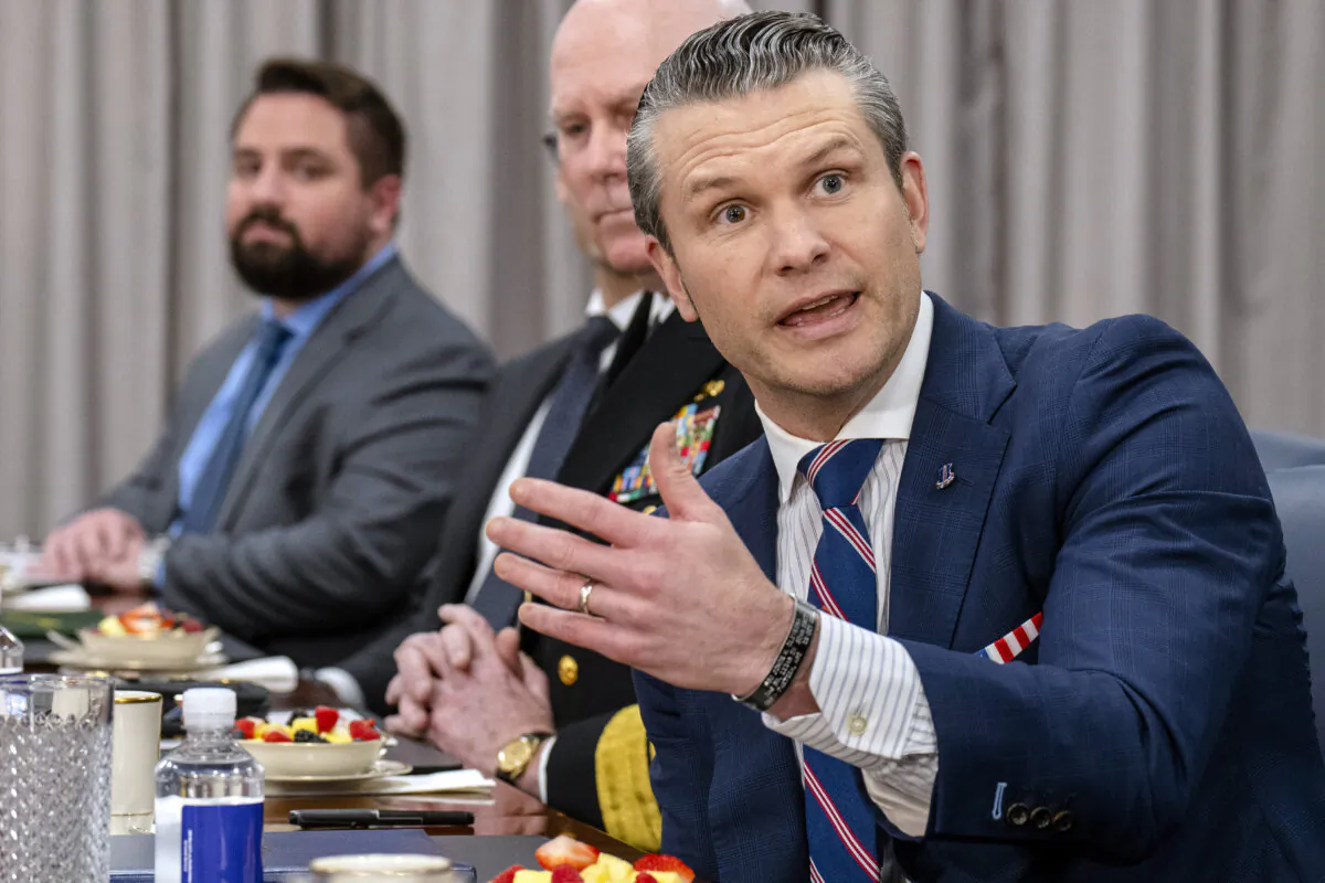 Secretary of Defense Pete Hegseth speaks during a meeting with Saudi Defense Minister Prince Khalid bin Salman, at the Pentagon in Arlington, Va., on Feb. 24, 2025. (Jacquelyn Martin/AP Photo)