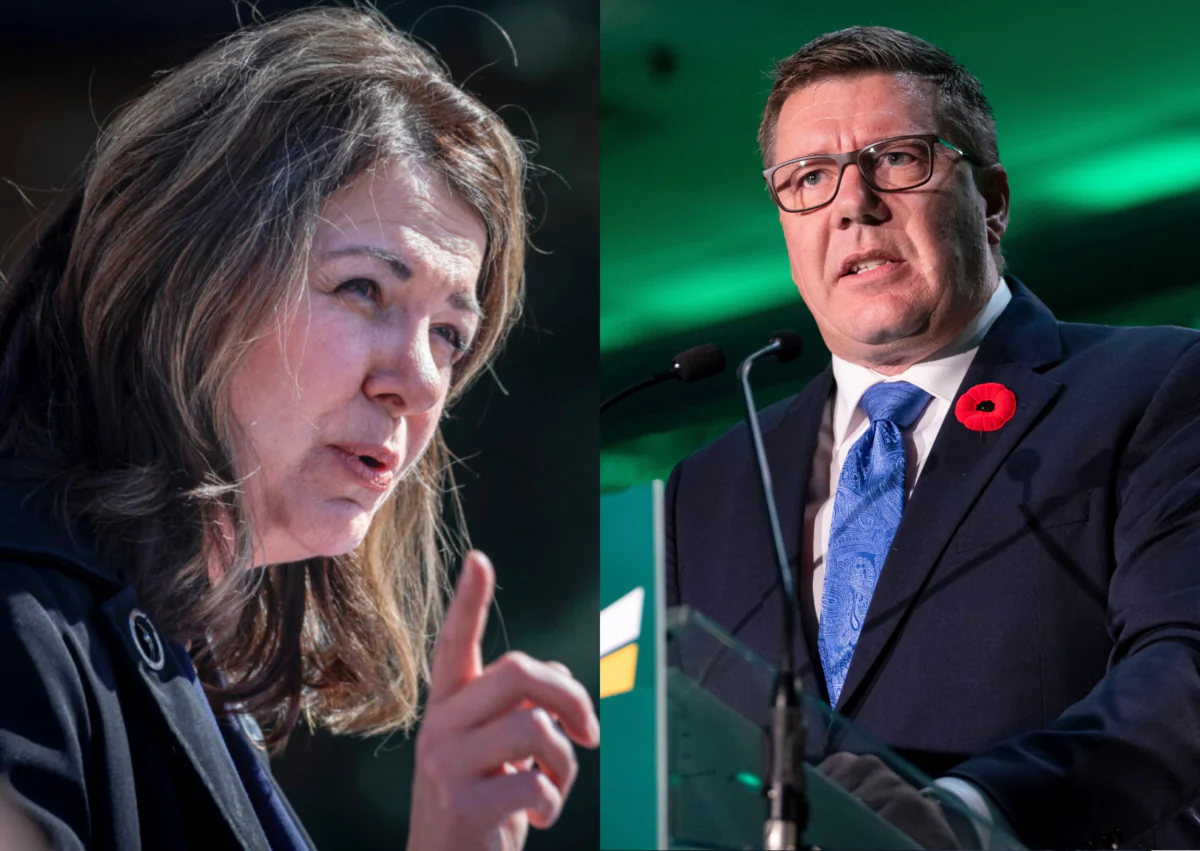 Alberta Premier Danielle Smith speaks in Calgary on May 29, 2023. (The Canadian Press/Jeff McIntosh); (Right) Saskatchewan Premier Scott Moe speaks during the Saskatchewan Party Convention in Regina on Nov. 4, 2023. (The Canadian Press/Heywood Yu)