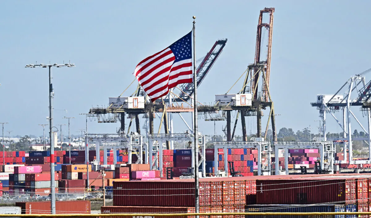 Shipping containers are stacked high at the Port of Long Beach in Long Beach, Calif., on March 4, 2025. (Frederic J. Brown/AFP via Getty Images)