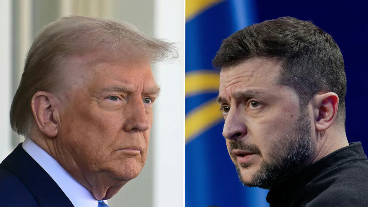 This combination of pictures created on Feb. 25, 2025 shows U.S. President Donald Trump (L) on Feb. 24, 2025, and Ukraine's President Volodymyr Zelensky (R) on Feb. 23, 2025. (Jim Watson and Tetiana Dzhafarova/AFP via Getty Images)